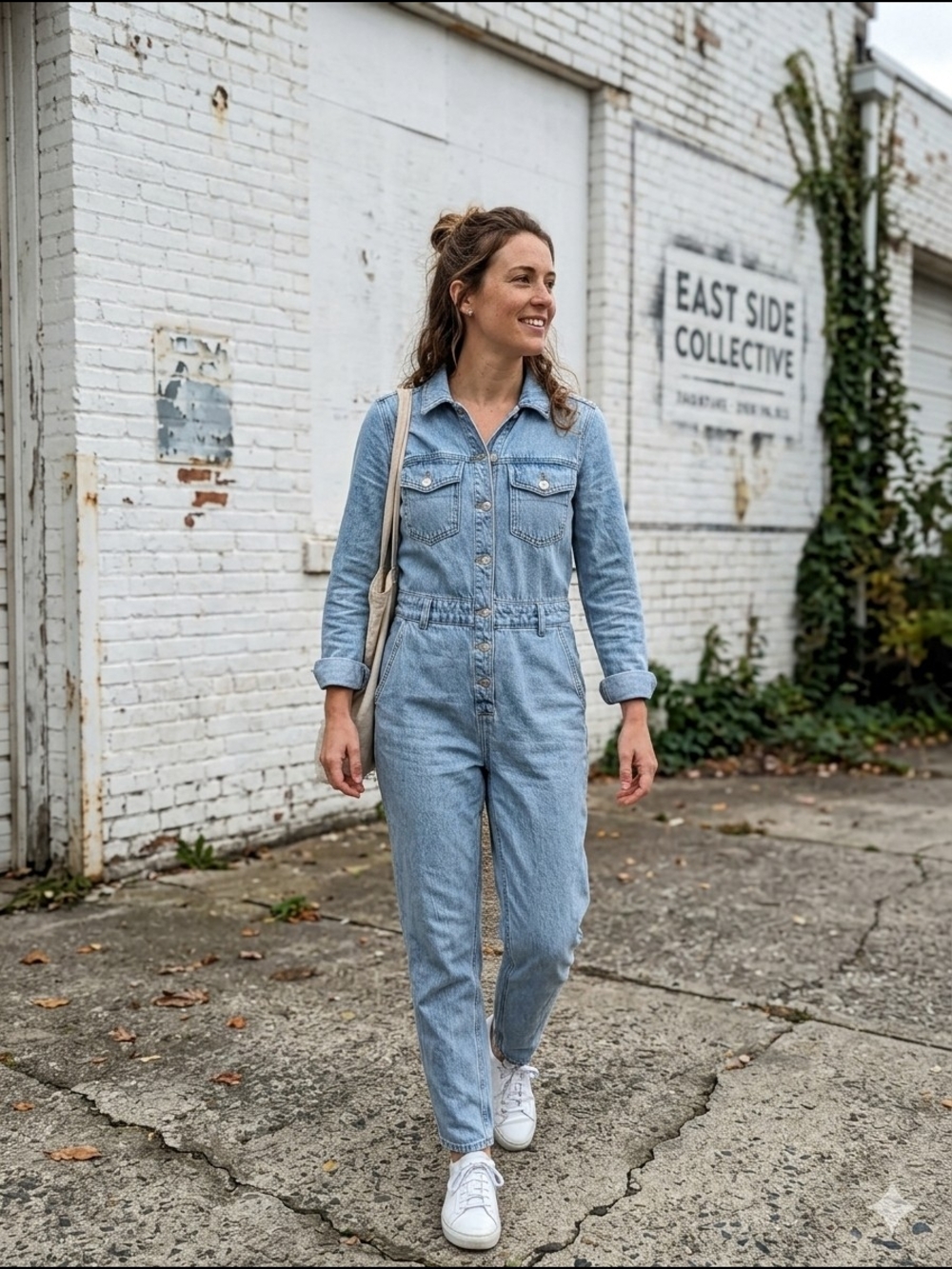 Topshop Women's Long Sleeve Denim Button Boiler Jumpsuit Modern Retro